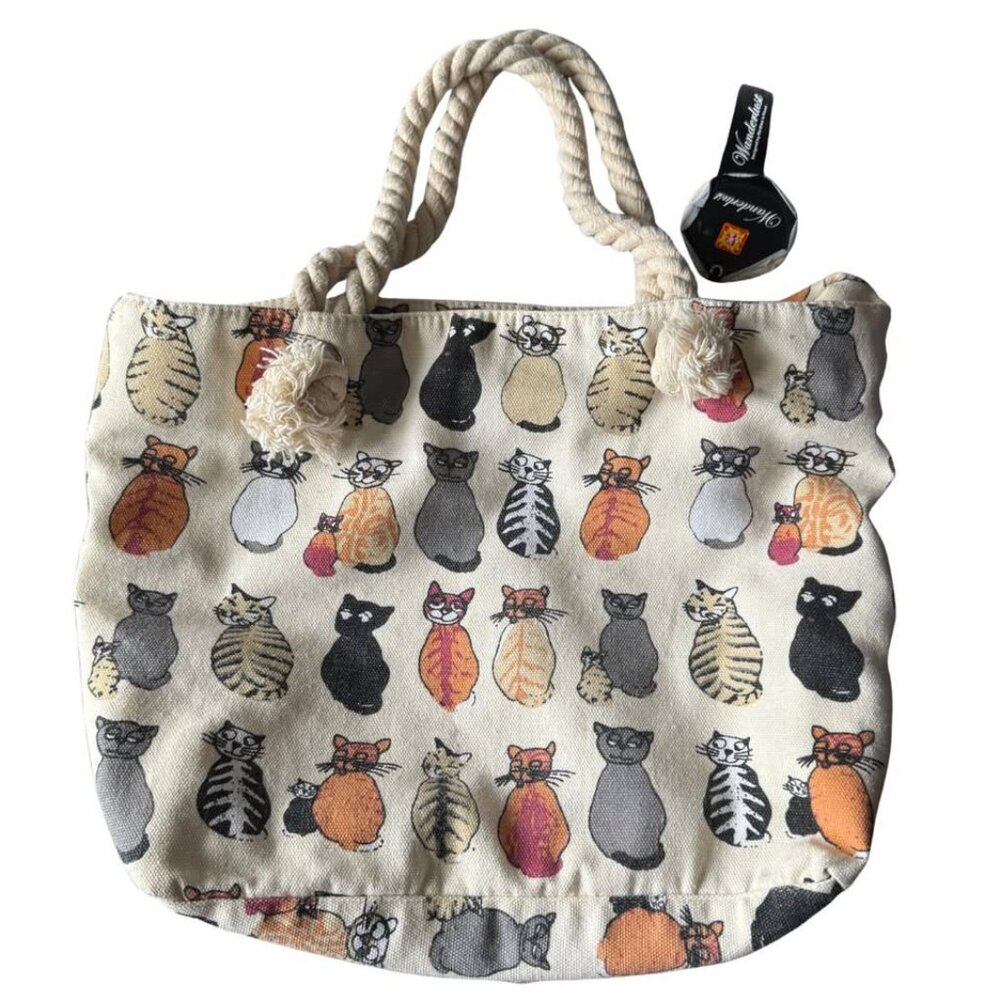 Wanderlust Cat Pattern Tote Bag with Rope Handles